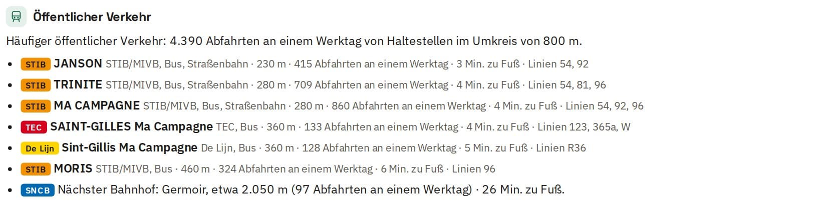 Öffentlicher Verkehr nahe der Adresse: Haltestellen mit Betreiber, Linien und Abfahrten an Werktagen.