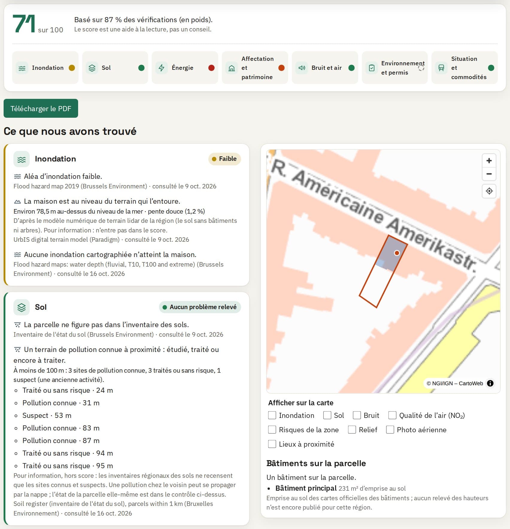 Un rapport : un score de 65 sur 100, et les constats sur l’inondation et le sol avec leurs sources.