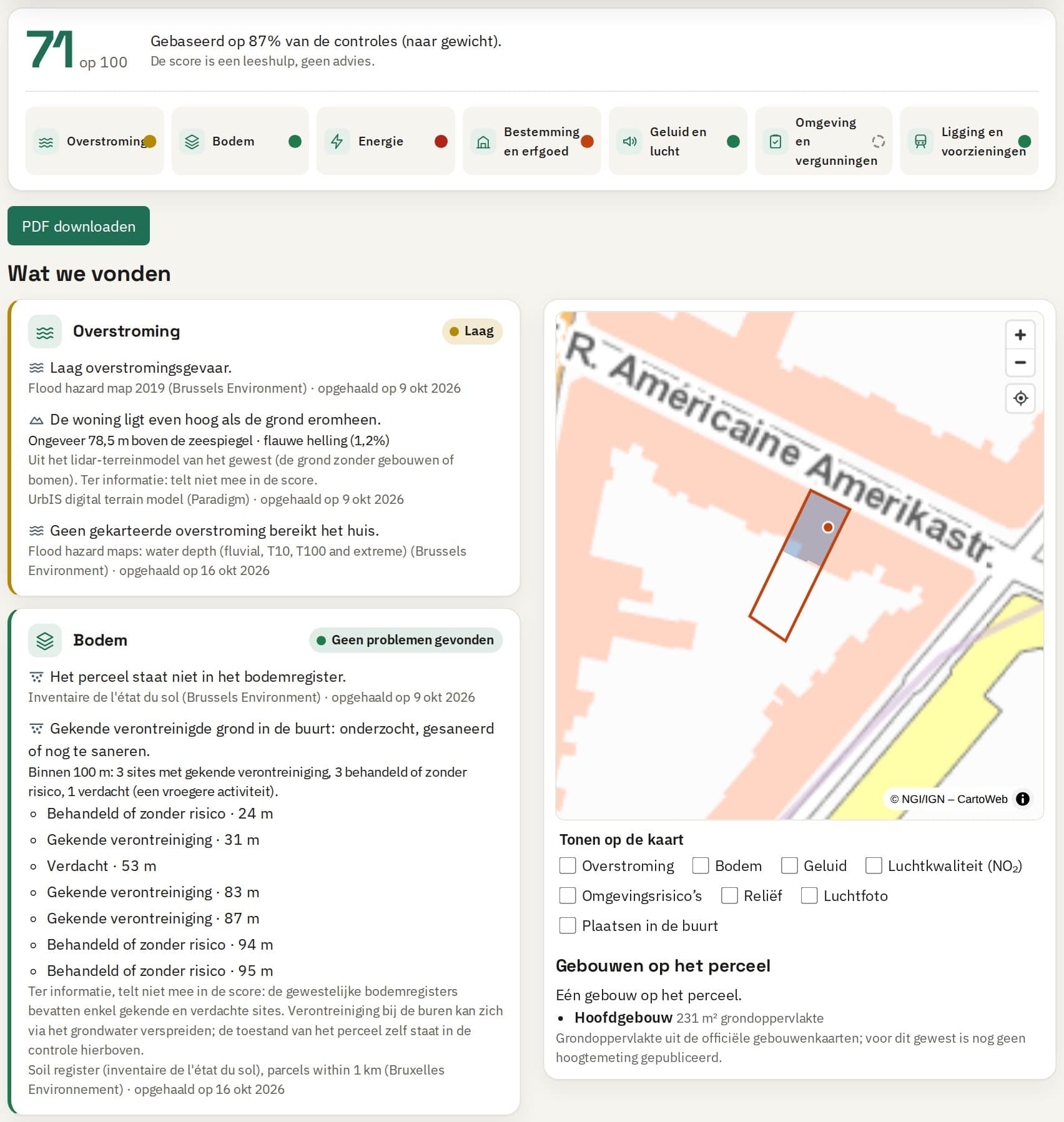 Een rapport: een score van 65 op 100, en de vaststellingen over overstroming en bodem met hun bronnen.